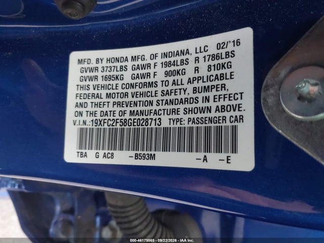 46175565 :رقم المزاد ، 19XFC2F58GE028713 vin ، 2016 Honda Civic Lx مزاد بيع