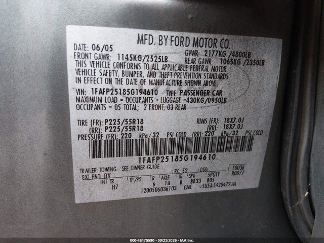 2005 Ford Five Hundred Limited მანქანა იყიდება აუქციონზე, vin: 1FAFP25185G194610, აუქციონის ნომერი: 46175590