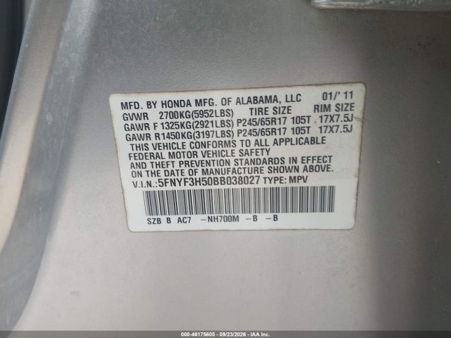 2011 Honda Pilot Ex-l მანქანა იყიდება აუქციონზე, vin: 5FNYF3H50BB038027, აუქციონის ნომერი: 46175605