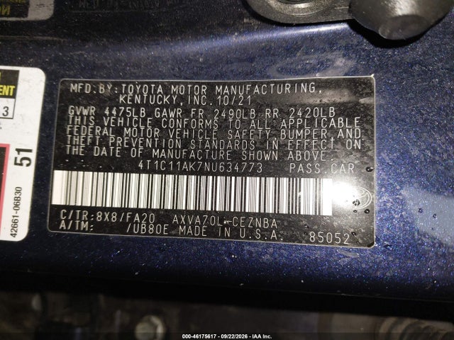 46175617 :رقم المزاد ، 4T1C11AK7NU634773 vin ، 2022 Toyota Camry Le مزاد بيع