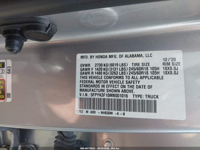 Продаж на аукціоні авто 2021 Honda Ridgeline Sport, vin: 5FPYK3F10MB001016, номер лоту: 46175623