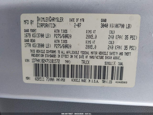 Aukcja sprzedaży 2007 Dodge Ram 1500 Slt, vin: 1D7HA18247S181572, numer aukcji: 46175627