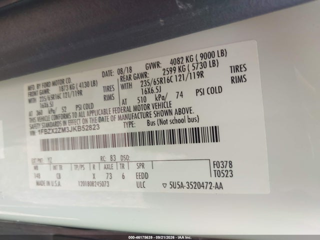 2018 Ford Transit-350 Xl მანქანა იყიდება აუქციონზე, vin: 1FBZX2ZM3JKB52823, აუქციონის ნომერი: 46175639