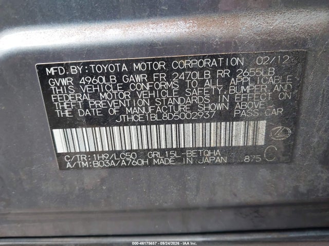 46175657 :رقم المزاد ، JTHCE1BL8D5002937 vin ، 2013 Lexus Gs 350 مزاد بيع