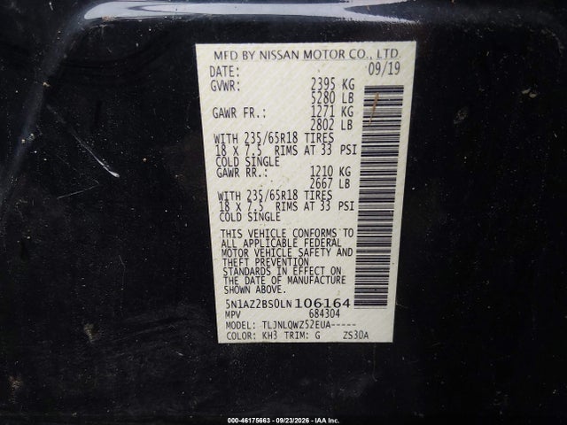 46175663 :رقم المزاد ، 5N1AZ2BS0LN106164 vin ، 2020 Nissan Murano Sv Intelligent Awd مزاد بيع