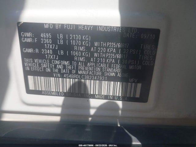 Продажа на аукционе авто 2011 Subaru Outback 3.6r Limited, vin: 4S4BRDLC3B2347921, номер лота: 46175666