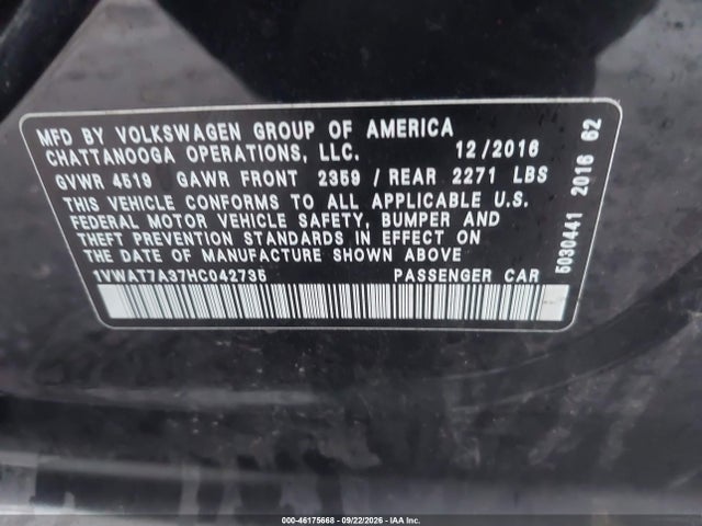 Продаж на аукціоні авто 2017 Volkswagen Passat 1.8t S, vin: 1VWAT7A37HC042735, номер лоту: 46175668