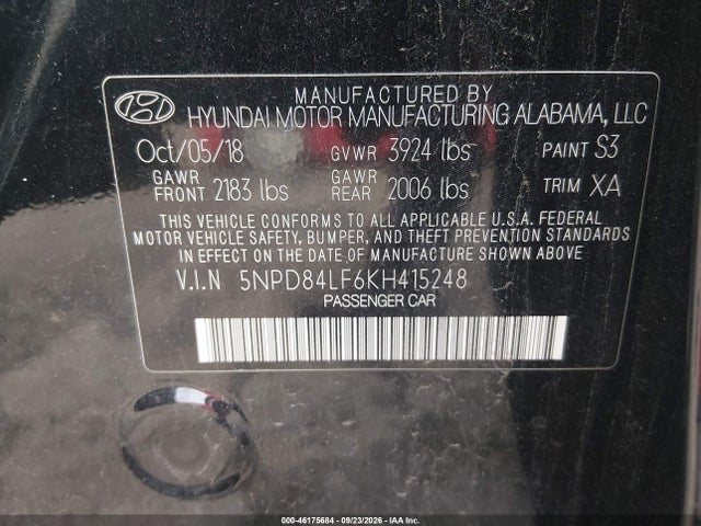 2019 Hyundai Elantra Sel მანქანა იყიდება აუქციონზე, vin: 5NPD84LF6KH415248, აუქციონის ნომერი: 46175684