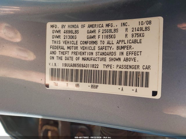 Продаж на аукціоні авто 2009 Acura Tl 3.5, vin: 19UUA86569A011822, номер лоту: 46175692