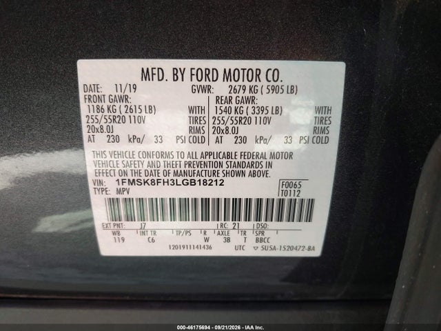 Aukcja sprzedaży 2020 Ford Explorer Limited, vin: 1FMSK8FH3LGB18212, numer aukcji: 46175694