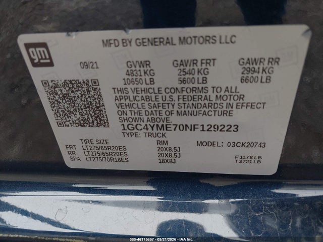 2022 Chevrolet Silverado 2500hd 4wd  Standard Bed Custom მანქანა იყიდება აუქციონზე, vin: 1GC4YME70NF129223, აუქციონის ნომერი: 46175697