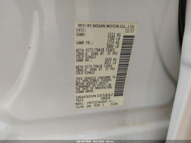 2023 Nissan Titan Pro-4x 4x4 მანქანა იყიდება აუქციონზე, vin: 1N6AA1ED5PN105842, აუქციონის ნომერი: 46175699