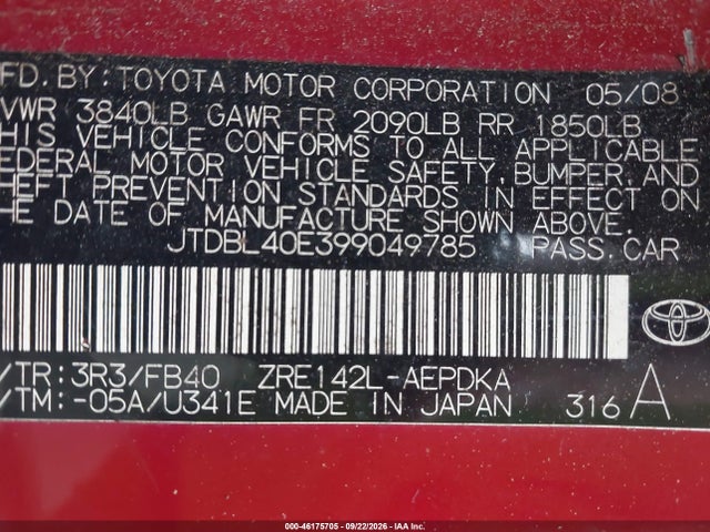 2009 Toyota Corolla Le მანქანა იყიდება აუქციონზე, vin: JTDBL40E399049785, აუქციონის ნომერი: 46175705
