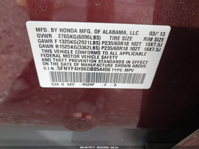 Продажа на аукционе авто 2013 Honda Pilot Touring, vin: 5FNYF4H96DB054406, номер лота: 46175717