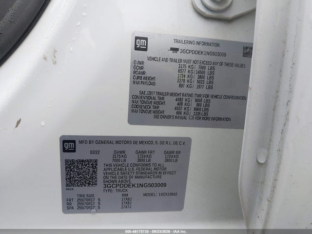 46175730 :رقم المزاد ، 3GCPDDEK1NG503009 vin ، 2022 Chevrolet Silverado 1500 Lt مزاد بيع