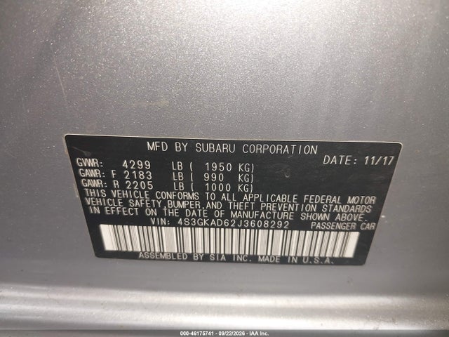 2018 Subaru Impreza 2.0i Premium მანქანა იყიდება აუქციონზე, vin: 4S3GKAD62J3608292, აუქციონის ნომერი: 46175741