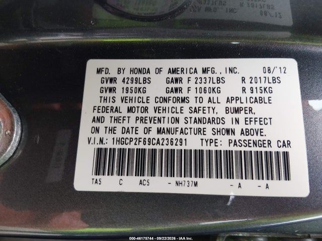 Продажа на аукционе авто 2012 Honda Accord 2.4 Se, vin: 1HGCP2F69CA236291, номер лота: 46175744