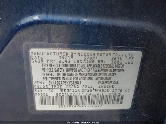 2019 Nissan Sentra Sv მანქანა იყიდება აუქციონზე, vin: 3N1AB7AP6KY342647, აუქციონის ნომერი: 46175755