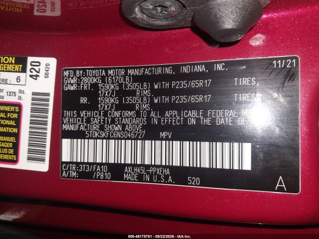 Aukcja sprzedaży 2022 Toyota Sienna Le, vin: 5TDKSKFC6NS046727, numer aukcji: 46175761
