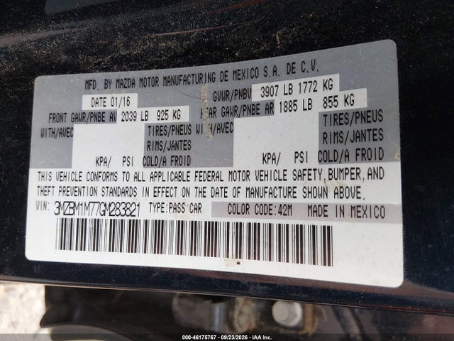 2016 Mazda Mazda3 I Touring მანქანა იყიდება აუქციონზე, vin: 3MZBM1M77GM283821, აუქციონის ნომერი: 46175767
