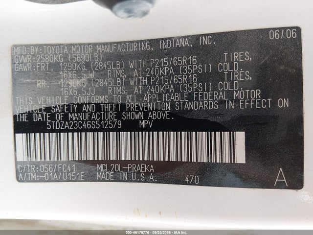 2006 Toyota Sienna Le მანქანა იყიდება აუქციონზე, vin: 5TDZA23C46S512579, აუქციონის ნომერი: 46175776