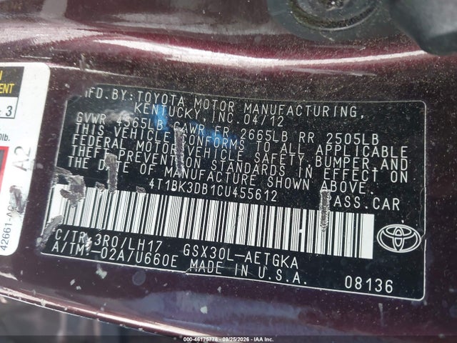 Aukcja sprzedaży 2012 Toyota Avalon, vin: 4T1BK3DB1CU455612, numer aukcji: 46175778
