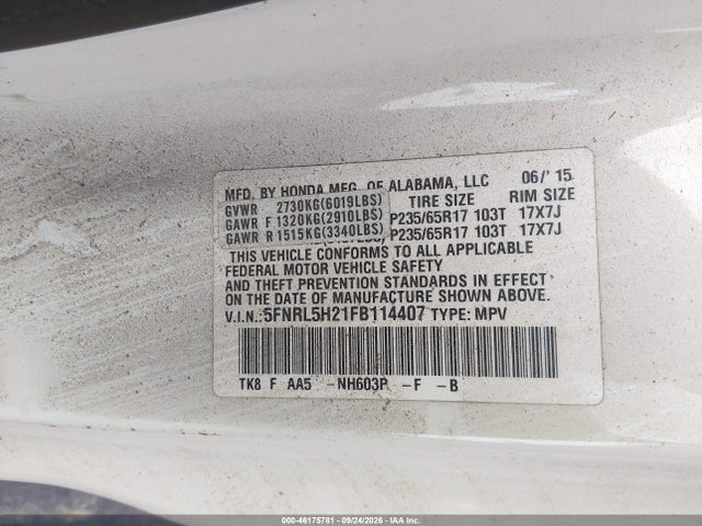 Aukcja sprzedaży 2015 Honda Odyssey Lx, vin: 5FNRL5H21FB114407, numer aukcji: 46175781