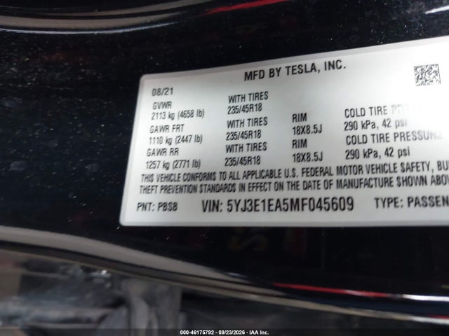 5YJ3E1EA5MF045609 Tesla Model 3 Standard Range Plus Rear-wheel Drive