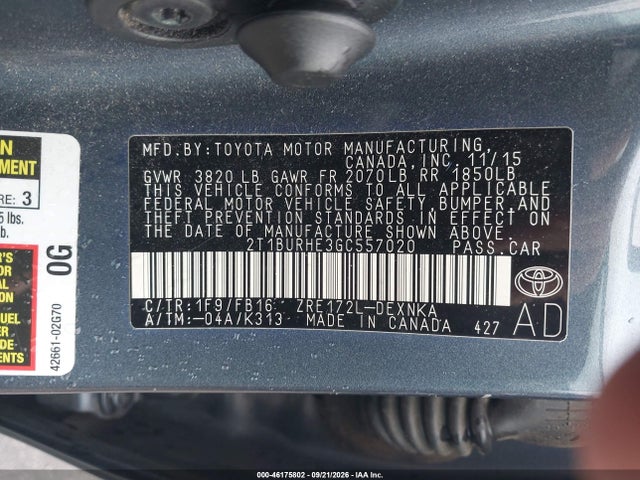46175802 :رقم المزاد ، 2T1BURHE3GC557020 vin ، 2016 Toyota Corolla Le مزاد بيع