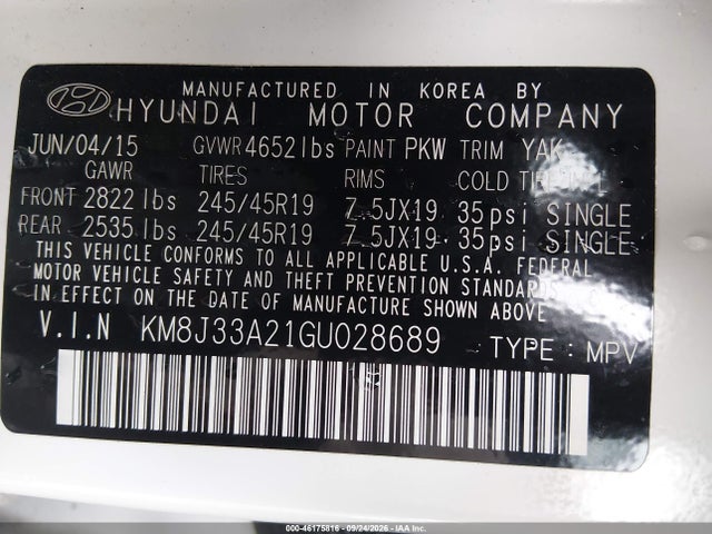 2016 Hyundai Tucson Sport მანქანა იყიდება აუქციონზე, vin: KM8J33A21GU028689, აუქციონის ნომერი: 46175816
