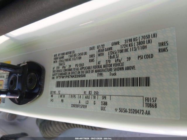 46175826 :رقم المزاد ، 1FTFW1P87NKE09506 vin ، 2022 Ford F-150 Police Responder Xl مزاد بيع