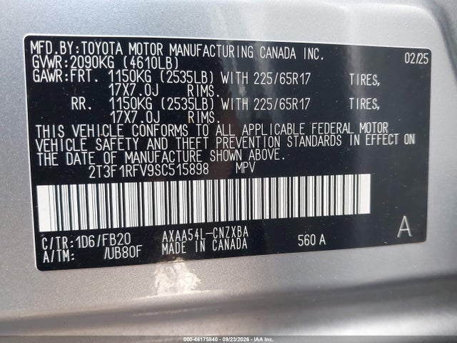 Продаж на аукціоні авто 2025 Toyota Rav4 Le, vin: 2T3F1RFV9SC515898, номер лоту: 46175840
