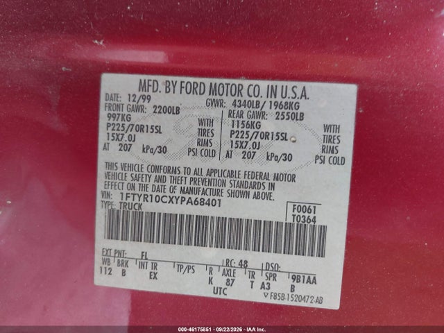 46175851 :رقم المزاد ، 1FTYR10CXYPA68401 vin ، 2000 Ford Ranger Xl/xlt مزاد بيع
