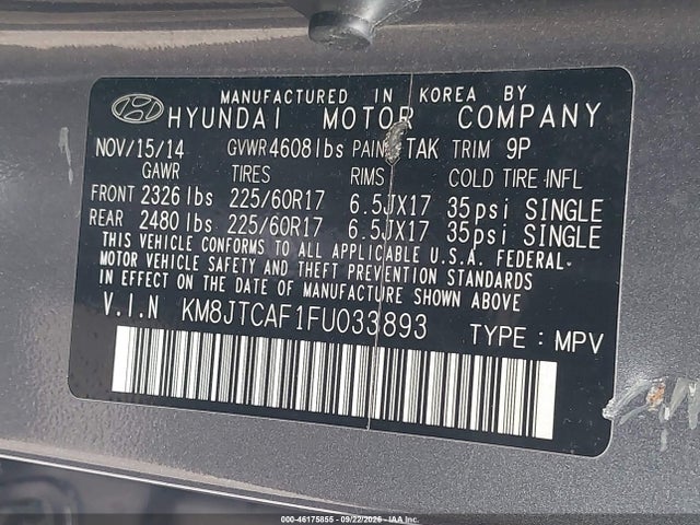Продажа на аукционе авто 2015 Hyundai Tucson Gls, vin: KM8JTCAF1FU033893, номер лота: 46175855