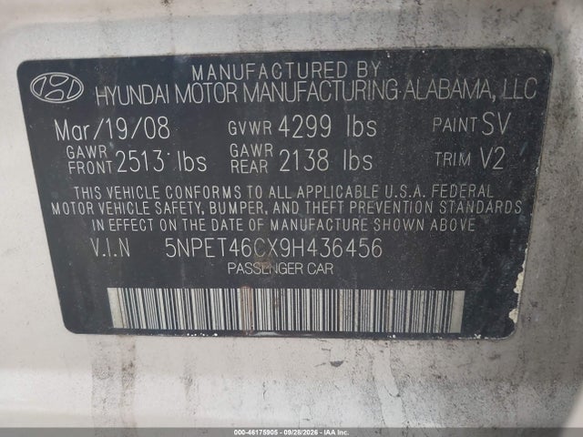 Продажа на аукционе авто 2009 Hyundai Sonata Gls, vin: 5NPET46CX9H436456, номер лота: 46175905