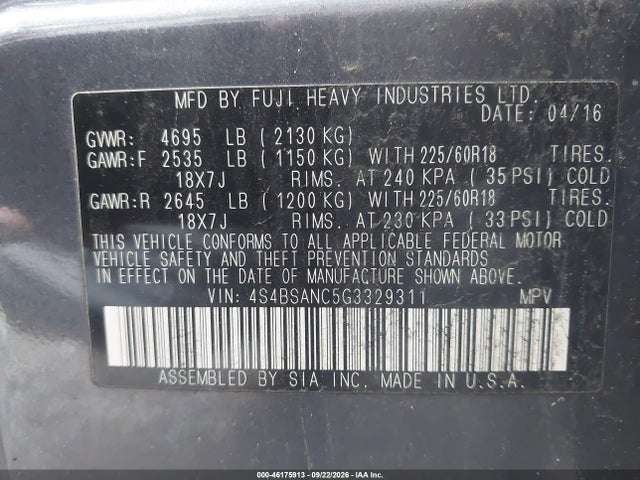 46175913 :رقم المزاد ، 4S4BSANC5G3329311 vin ، 2016 Subaru Outback 2.5i Limited مزاد بيع