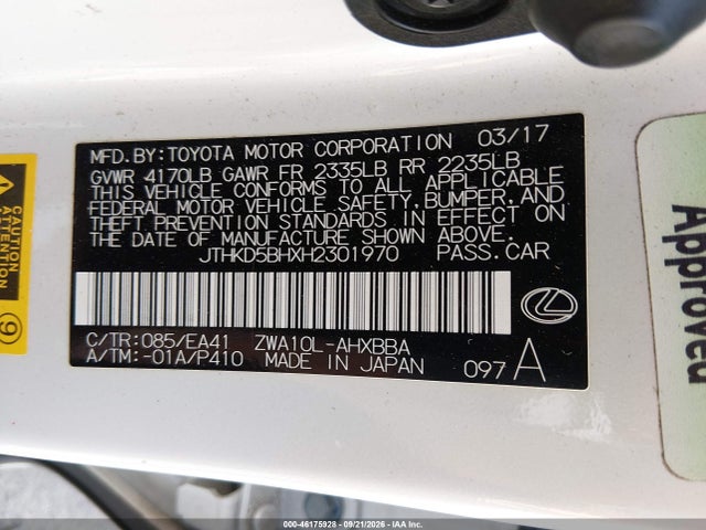 Aukcja sprzedaży 2017 Lexus Ct 200h, vin: JTHKD5BHXH2301970, numer aukcji: 46175928