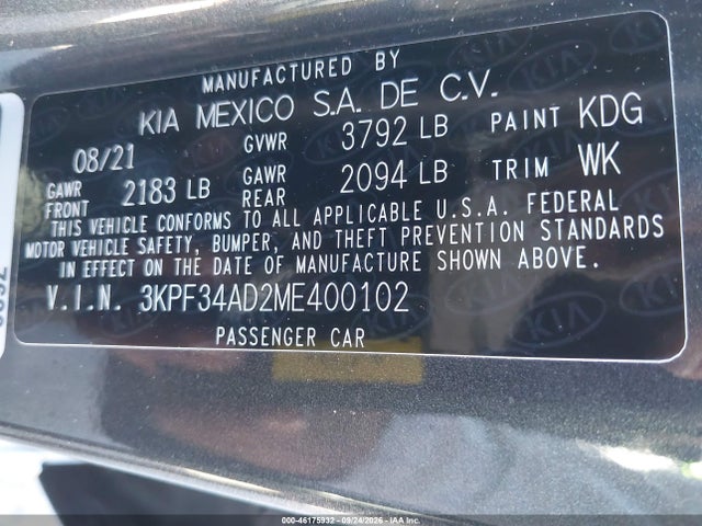 46175932 :رقم المزاد ، 3KPF34AD2ME400102 vin ، 2021 Kia Forte Gt-line مزاد بيع