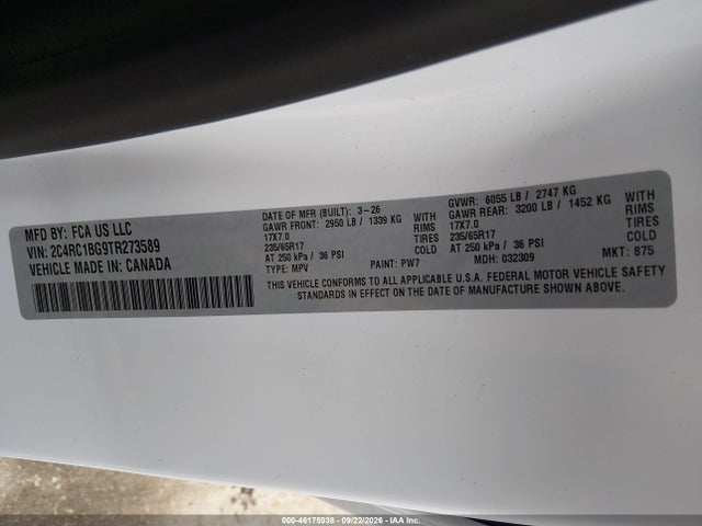 Aukcja sprzedaży 2026 Chrysler Pacifica Select, vin: 2C4RC1BG9TR273589, numer aukcji: 46175938