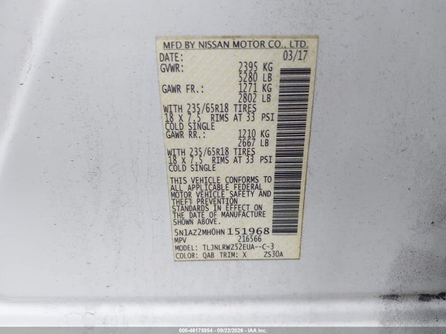 Aukcja sprzedaży 2017 Nissan Murano Sl, vin: 5N1AZ2MH0HN151968, numer aukcji: 46175954