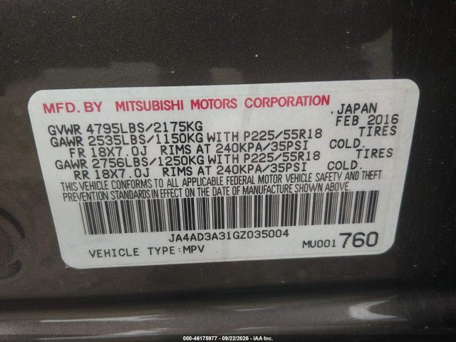 Aukcja sprzedaży 2016 Mitsubishi Outlander Se, vin: JA4AD3A31GZ035004, numer aukcji: 46175977