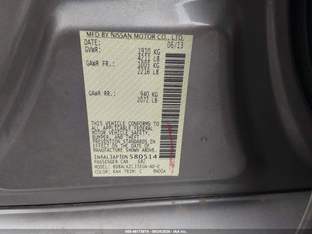 2013 Nissan Altima 2.5 Sl მანქანა იყიდება აუქციონზე, vin: 1N4AL3AP3DN580514, აუქციონის ნომერი: 46175979