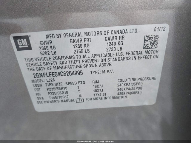 46175991 :رقم المزاد ، 2GNFLFE54C6264995 vin ، 2012 Chevrolet Equinox Ltz مزاد بيع