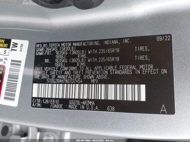 Aukcja sprzedaży 2022 Toyota Highlander Xle, vin: 5TDGZRAH7NS137454, numer aukcji: 46175994