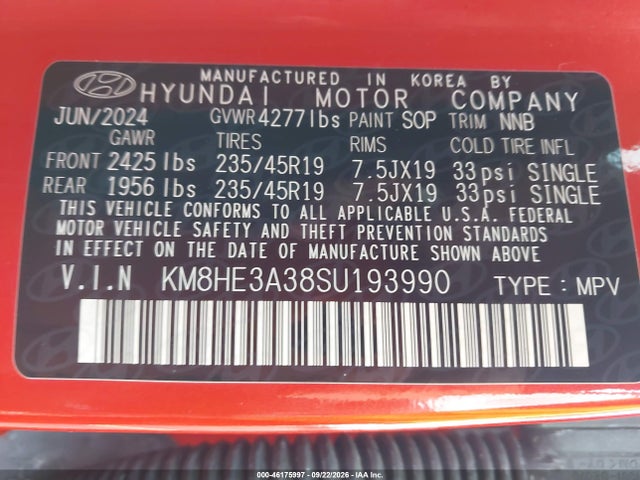 Aukcja sprzedaży 2025 Hyundai Kona Limited, vin: KM8HE3A38SU193990, numer aukcji: 46175997