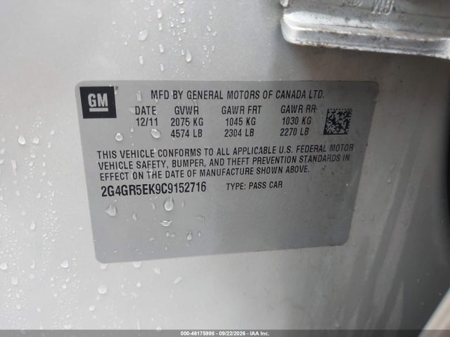 46175998 :رقم المزاد ، 2G4GR5EK9C9152716 vin ، 2012 Buick Regal مزاد بيع