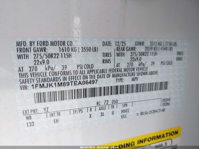 2026 Ford Expedition Max Platinum Max მანქანა იყიდება აუქციონზე, vin: 1FMJK1M89TEA06497, აუქციონის ნომერი: 46176015