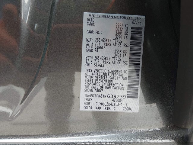 46176022 :رقم المزاد ، 1N6ED1FK8TN639739 vin ، 2026 Nissan Frontier Long Bed Sv 4x4 مزاد بيع