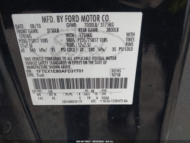 46176037 :رقم المزاد ، 1FTEX1E80AFD31701 vin ، 2010 Ford F-150 Xlt مزاد بيع