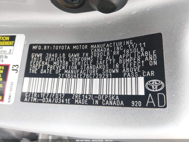 2011 Toyota Corolla S მანქანა იყიდება აუქციონზე, vin: 2T1BU4EE7BC729291, აუქციონის ნომერი: 46176043